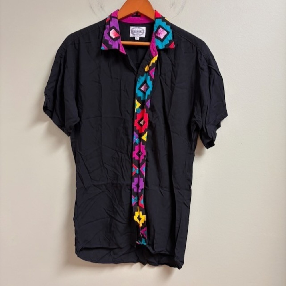 Jams World Vintage Shirt Mens L Black Aztec Print Collar Hawaii Button Up